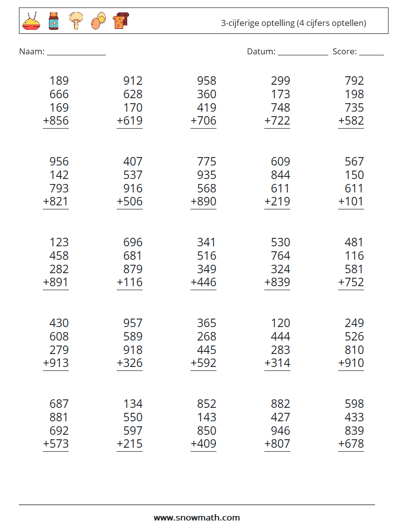 (25) 3-cijferige optelling (4 cijfers optellen) Wiskundige werkbladen 2