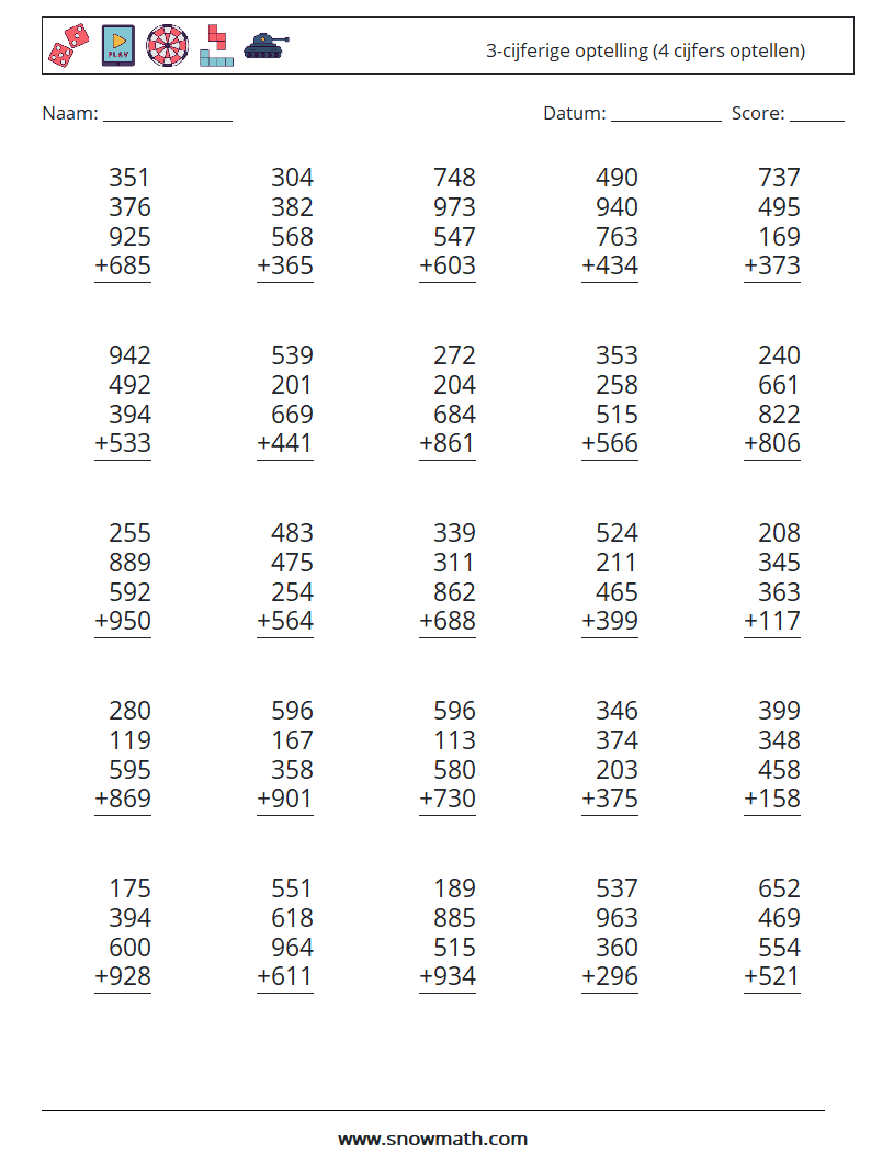 (25) 3-cijferige optelling (4 cijfers optellen) Wiskundige werkbladen 3