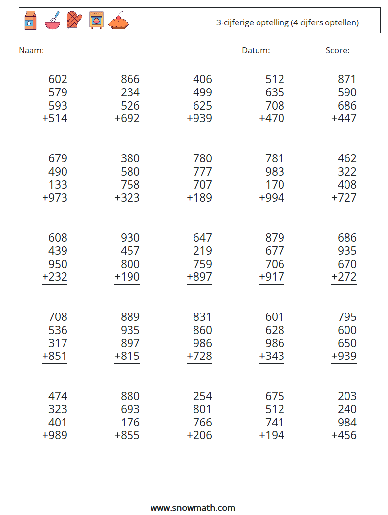 (25) 3-cijferige optelling (4 cijfers optellen) Wiskundige werkbladen 4