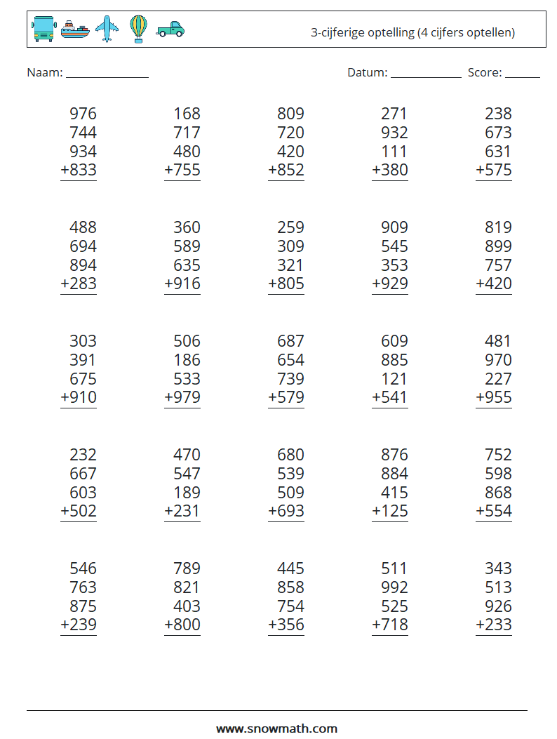 (25) 3-cijferige optelling (4 cijfers optellen) Wiskundige werkbladen 5