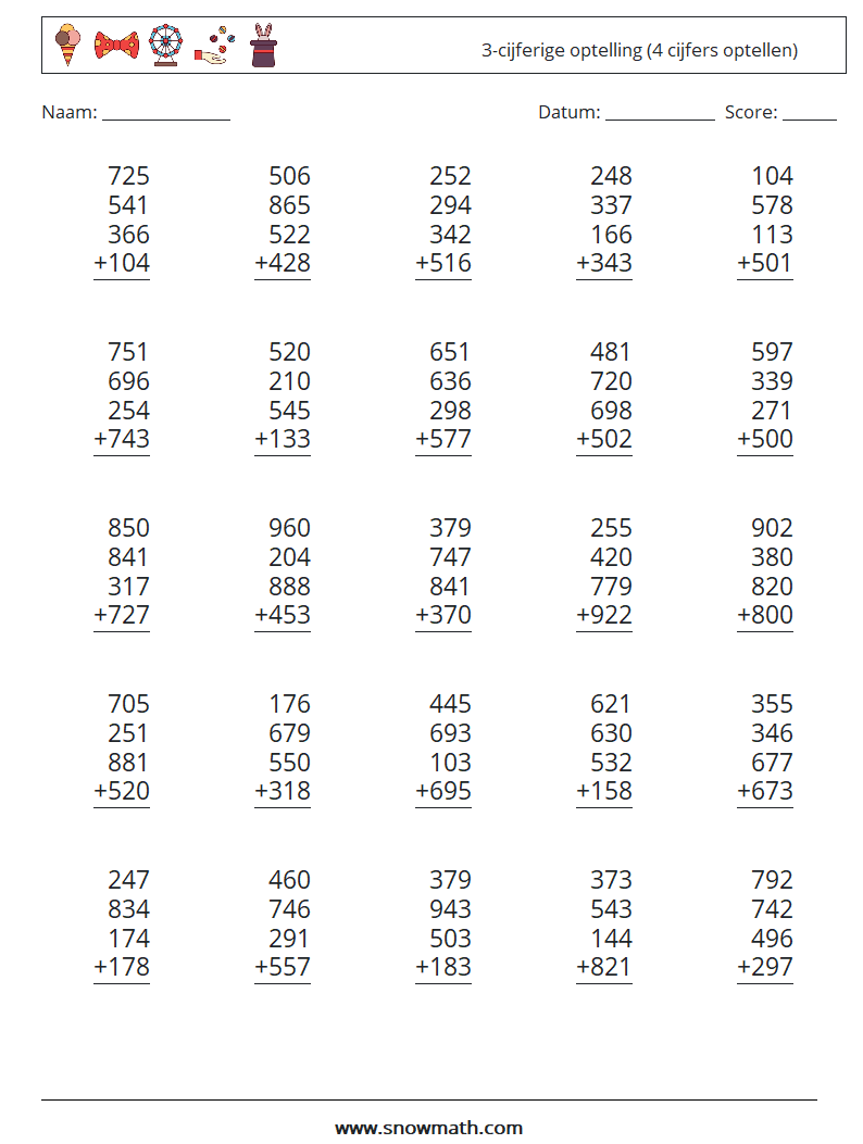 (25) 3-cijferige optelling (4 cijfers optellen) Wiskundige werkbladen 6