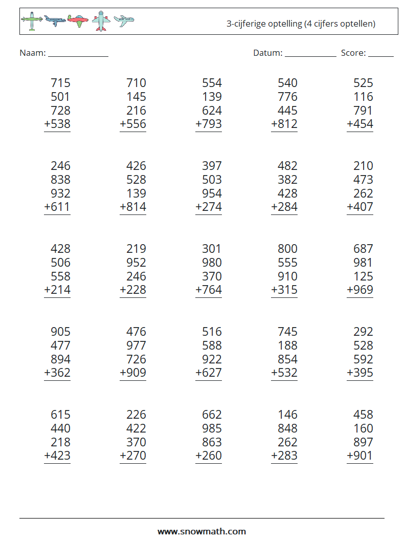 (25) 3-cijferige optelling (4 cijfers optellen) Wiskundige werkbladen 7