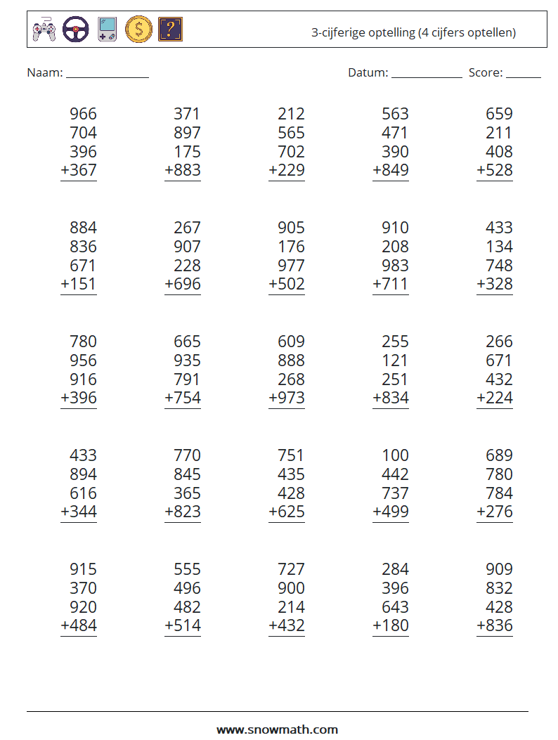 (25) 3-cijferige optelling (4 cijfers optellen) Wiskundige werkbladen 8