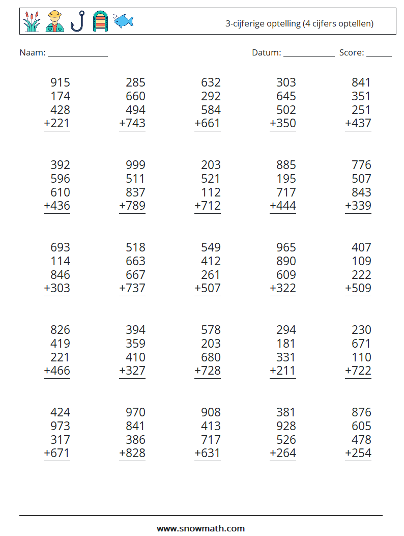 (25) 3-cijferige optelling (4 cijfers optellen) Wiskundige werkbladen 9