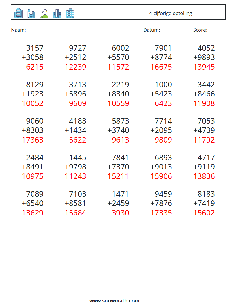 (25) 4-cijferige optelling Wiskundige werkbladen 12 Vraag, Antwoord