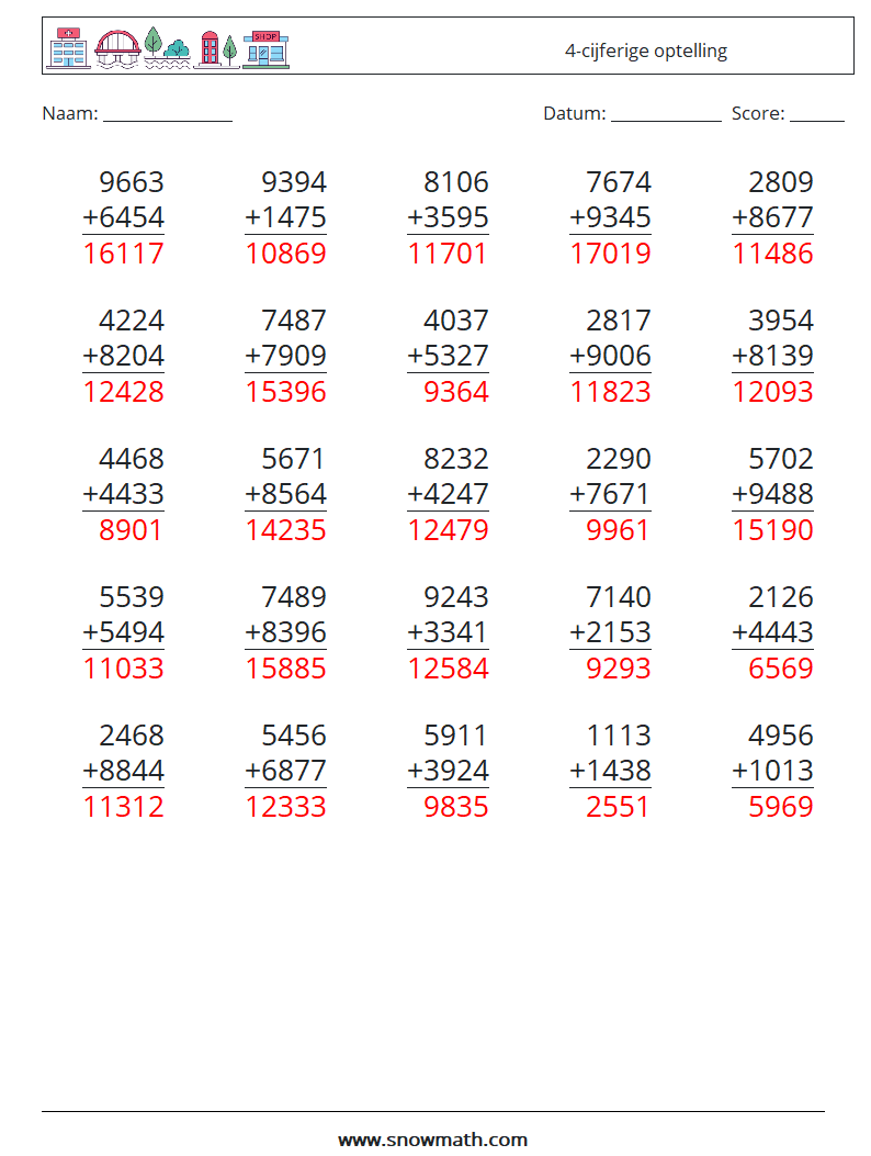 (25) 4-cijferige optelling Wiskundige werkbladen 14 Vraag, Antwoord