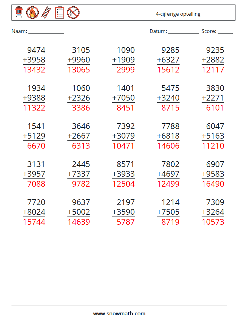 (25) 4-cijferige optelling Wiskundige werkbladen 18 Vraag, Antwoord