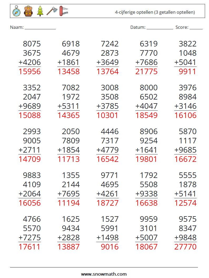 (25) 4-cijferige optellen (3 getallen optellen) Wiskundige werkbladen 12 Vraag, Antwoord