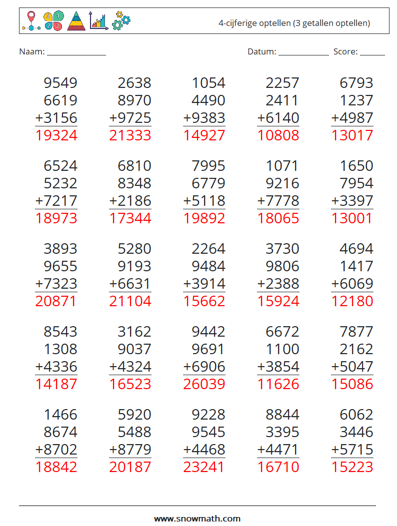 (25) 4-cijferige optellen (3 getallen optellen) Wiskundige werkbladen 13 Vraag, Antwoord