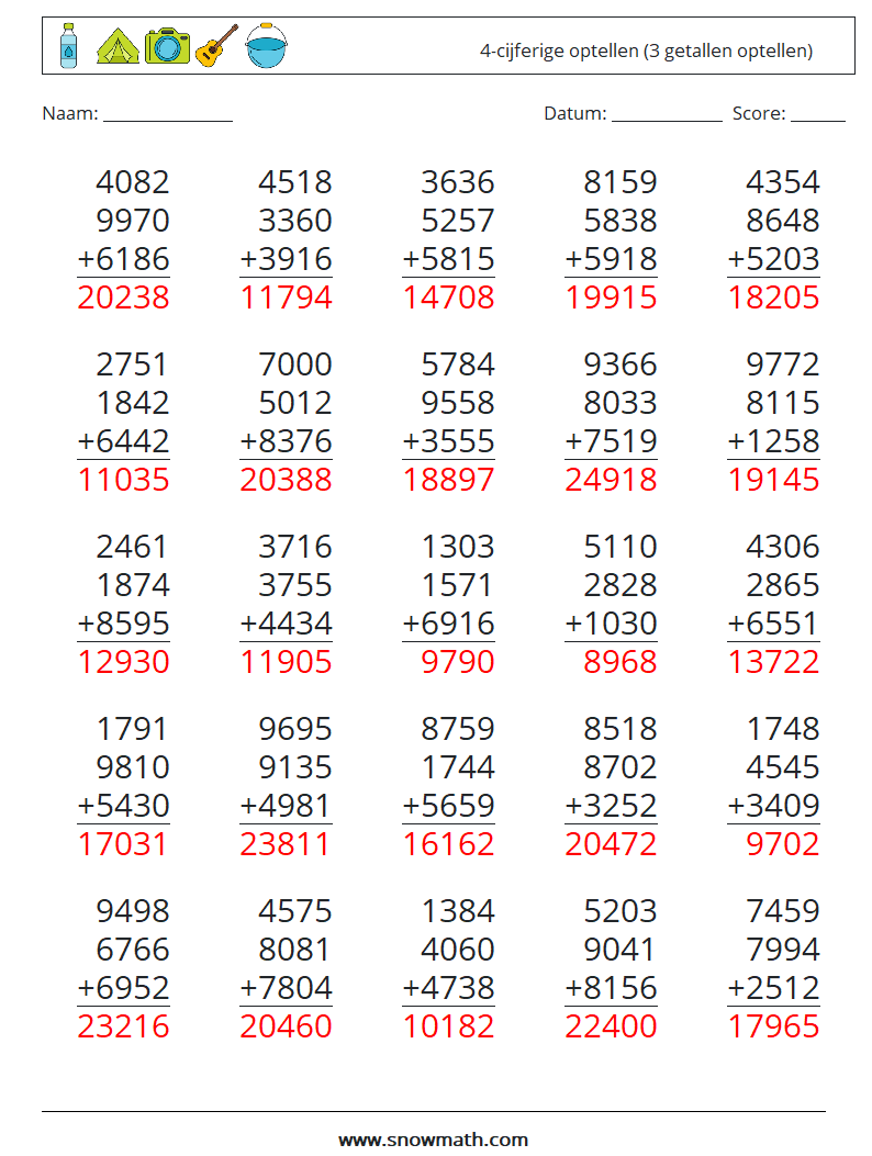 (25) 4-cijferige optellen (3 getallen optellen) Wiskundige werkbladen 16 Vraag, Antwoord