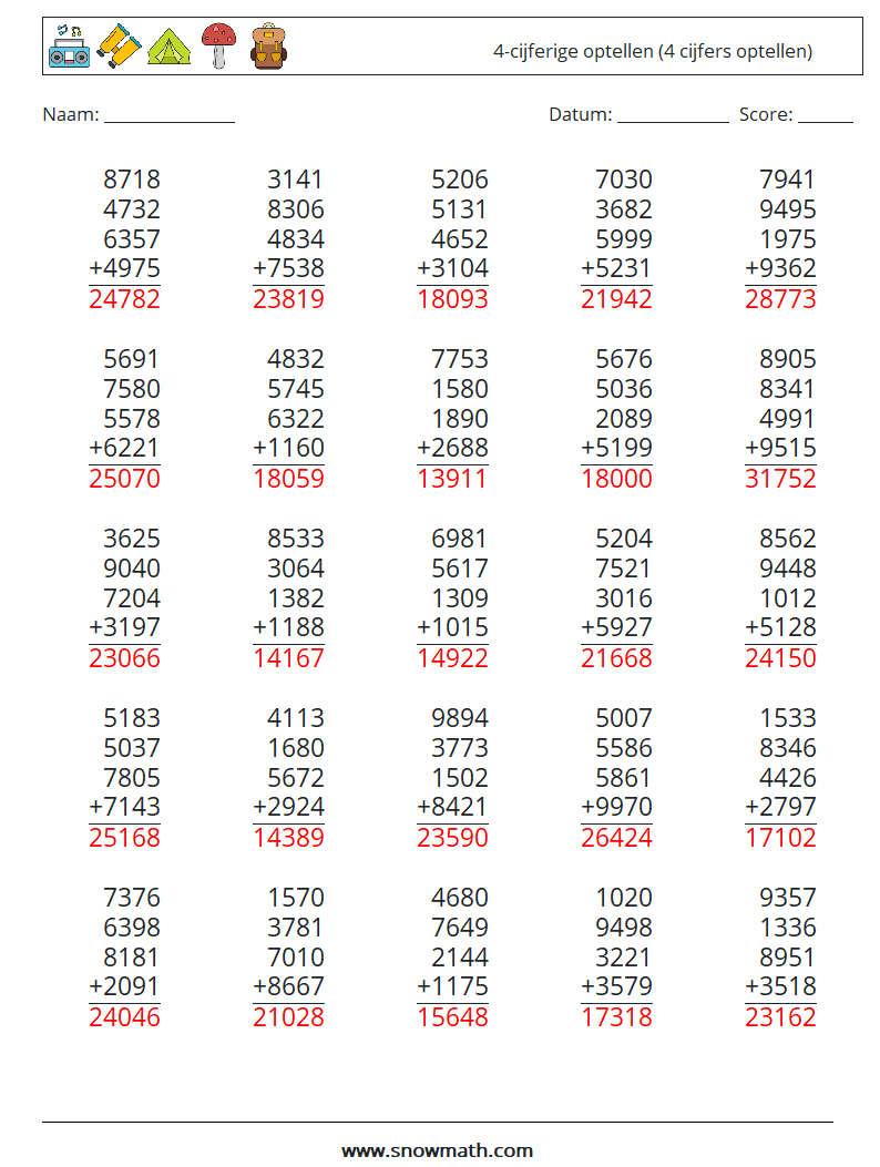 (25) 4-cijferige optellen (4 cijfers optellen) Wiskundige werkbladen 13 Vraag, Antwoord