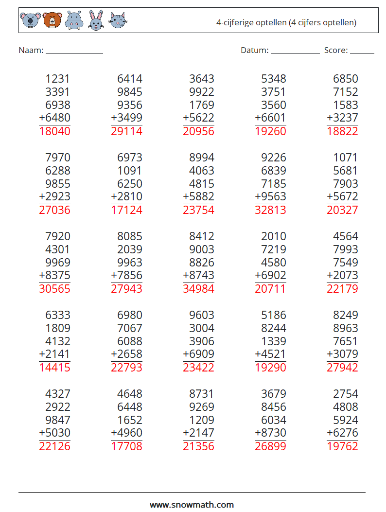 (25) 4-cijferige optellen (4 cijfers optellen) Wiskundige werkbladen 14 Vraag, Antwoord