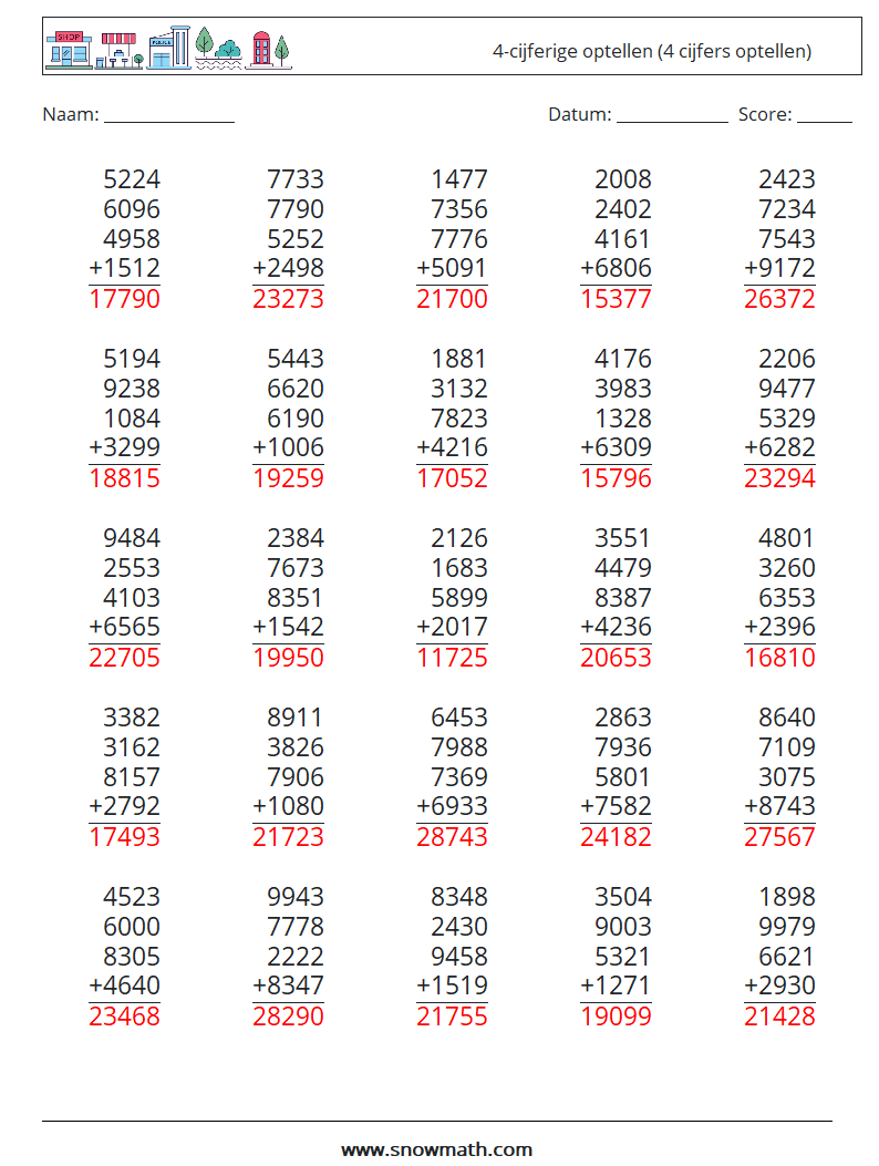 (25) 4-cijferige optellen (4 cijfers optellen) Wiskundige werkbladen 18 Vraag, Antwoord