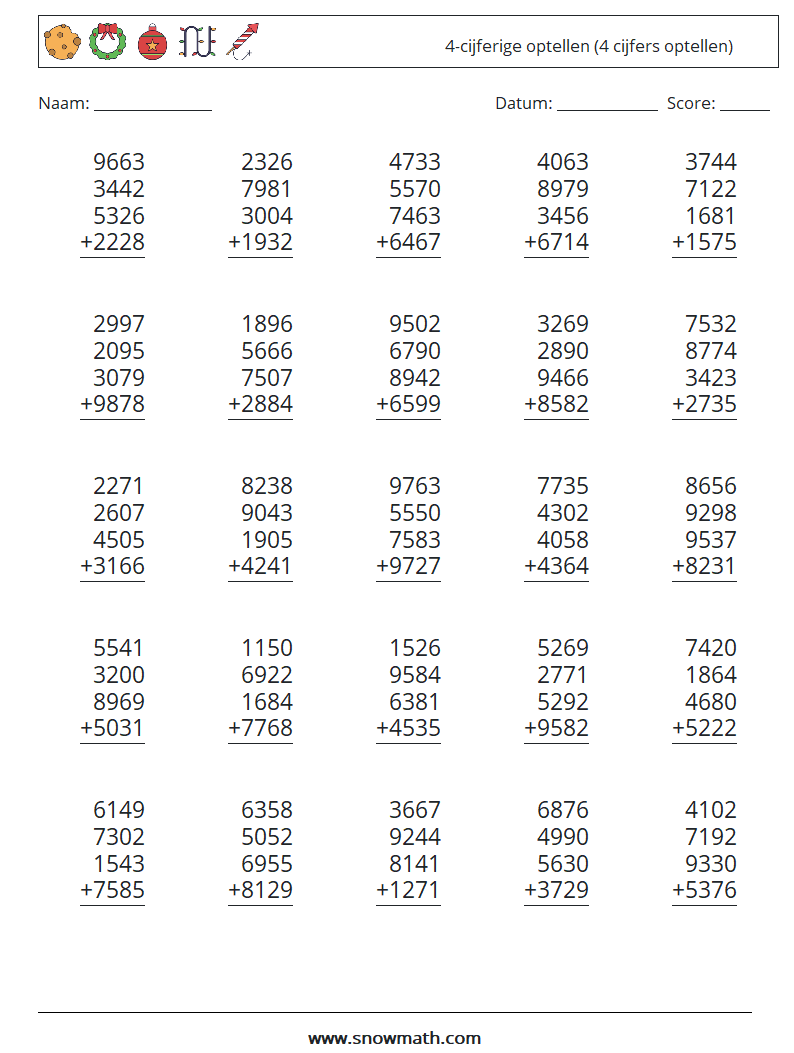 (25) 4-cijferige optellen (4 cijfers optellen) Wiskundige werkbladen 2
