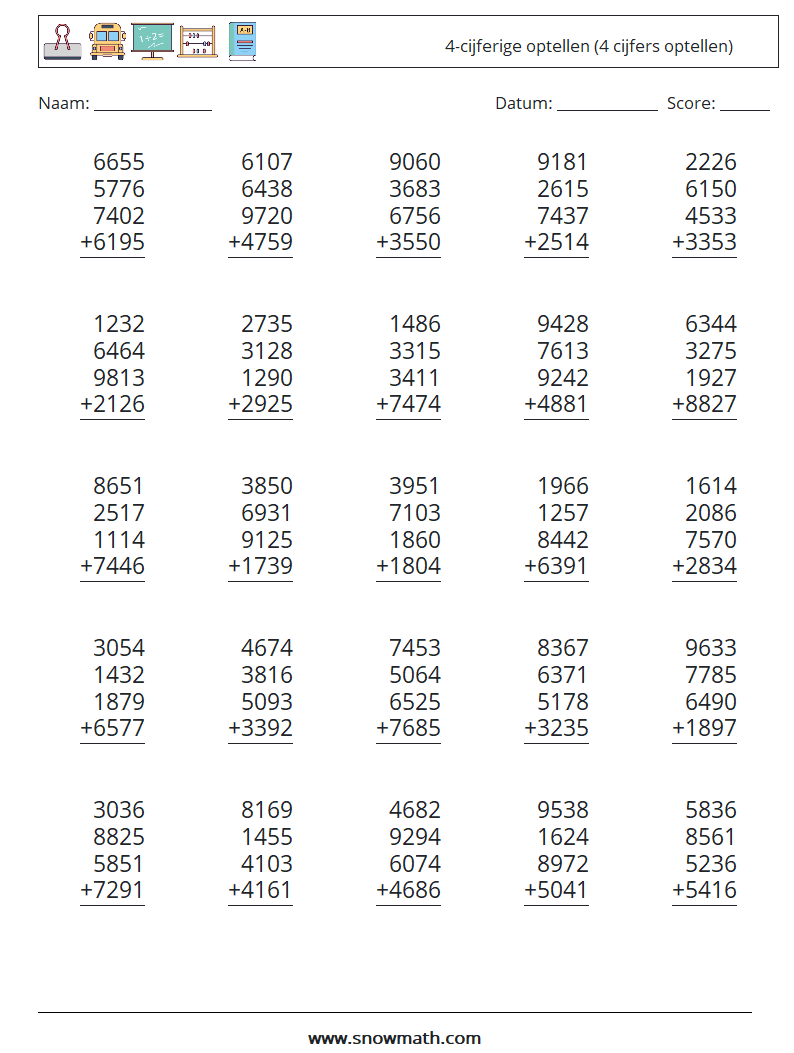 (25) 4-cijferige optellen (4 cijfers optellen) Wiskundige werkbladen 7