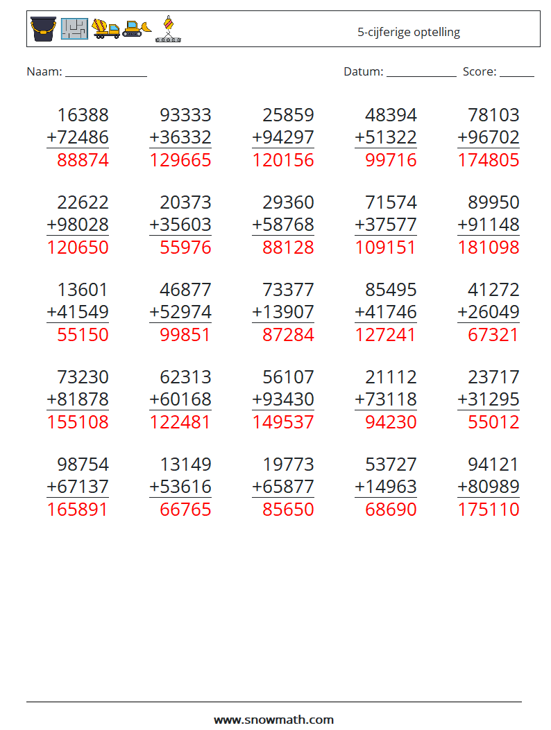 (25) 5-cijferige optelling Wiskundige werkbladen 16 Vraag, Antwoord
