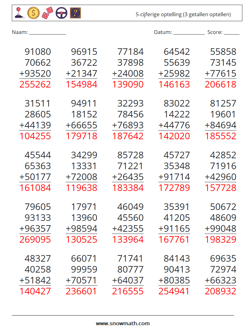(25) 5-cijferige optelling (3 getallen optellen) Wiskundige werkbladen 14 Vraag, Antwoord
