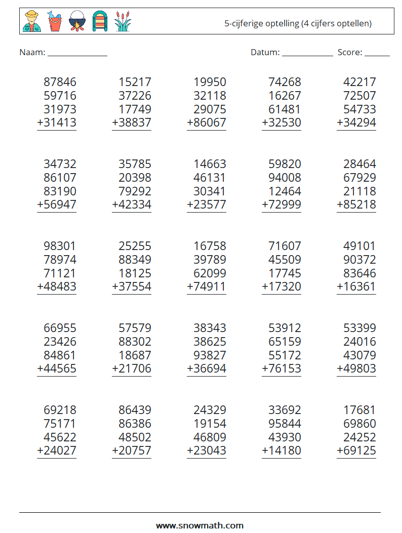 (25) 5-cijferige optelling (4 cijfers optellen)