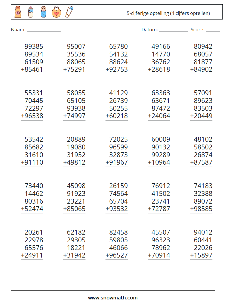 (25) 5-cijferige optelling (4 cijfers optellen) Wiskundige werkbladen 14