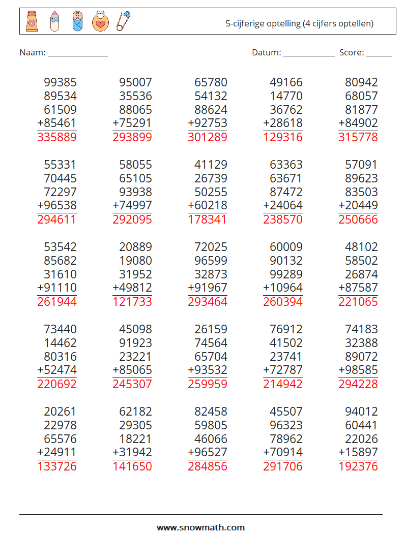 (25) 5-cijferige optelling (4 cijfers optellen) Wiskundige werkbladen 14 Vraag, Antwoord