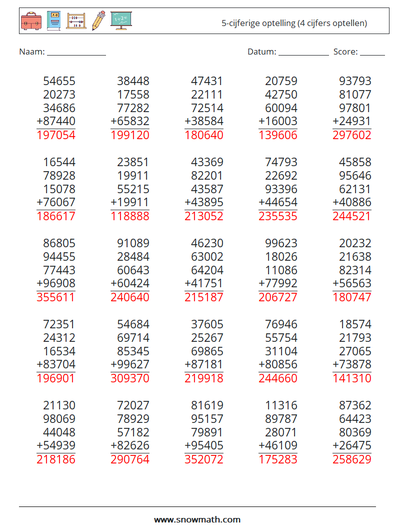 (25) 5-cijferige optelling (4 cijfers optellen) Wiskundige werkbladen 16 Vraag, Antwoord