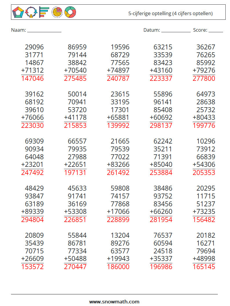 (25) 5-cijferige optelling (4 cijfers optellen) Wiskundige werkbladen 17 Vraag, Antwoord
