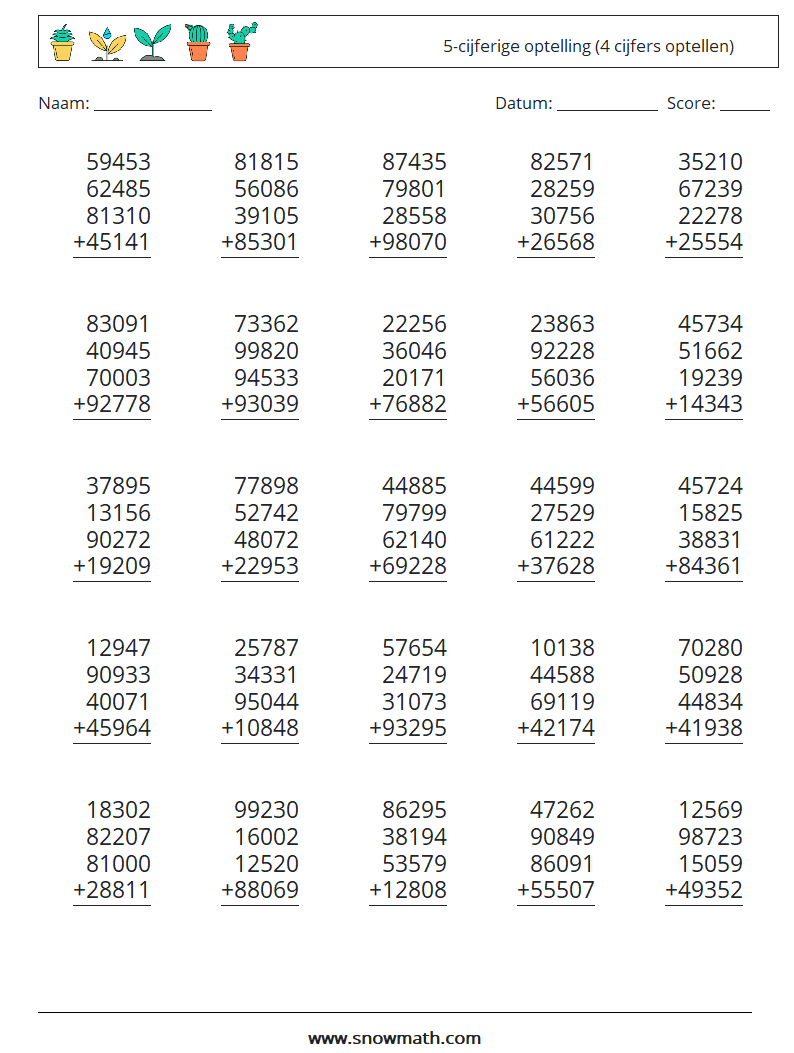 (25) 5-cijferige optelling (4 cijfers optellen) Wiskundige werkbladen 18