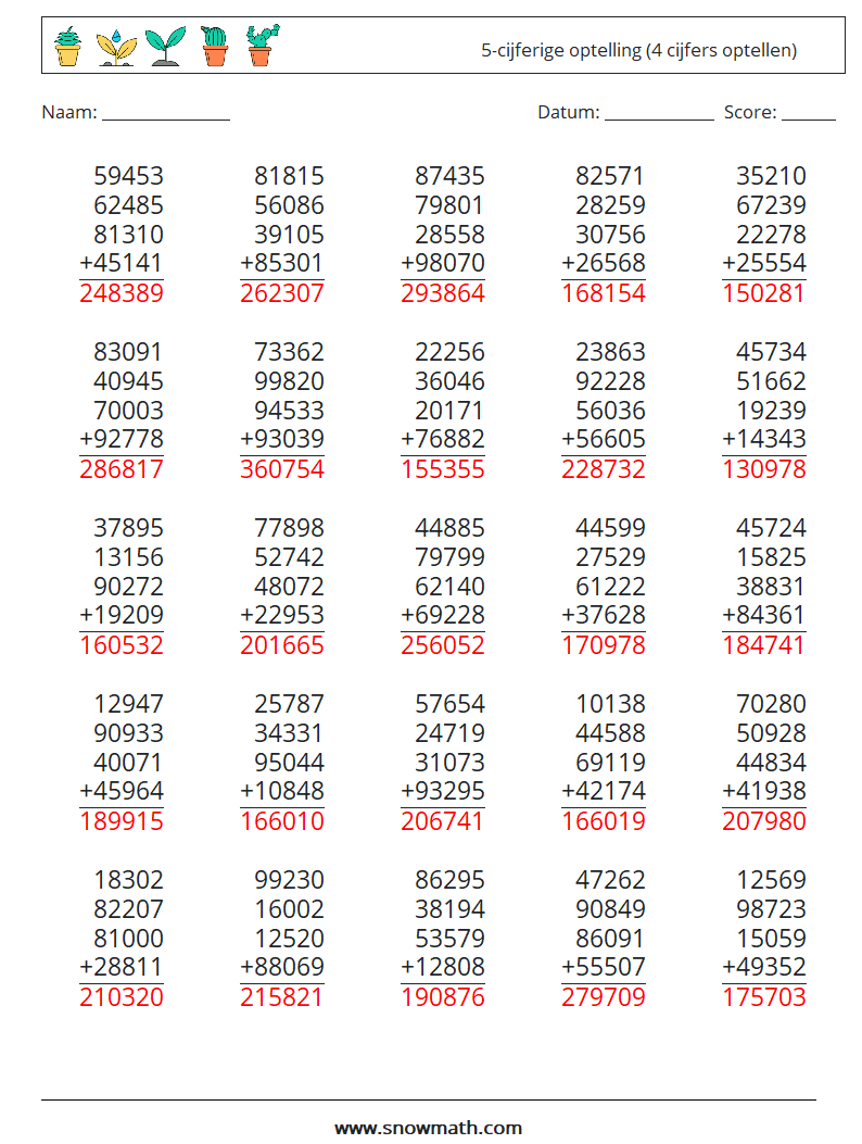 (25) 5-cijferige optelling (4 cijfers optellen) Wiskundige werkbladen 18 Vraag, Antwoord