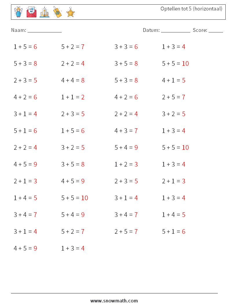 (50) Optellen tot 5 (horizontaal) Wiskundige werkbladen 1 Vraag, Antwoord