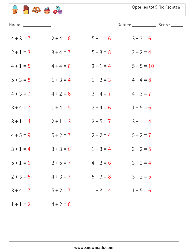 (50) Optellen tot 5 (horizontaal) Wiskundige werkbladen 2 Vraag, Antwoord