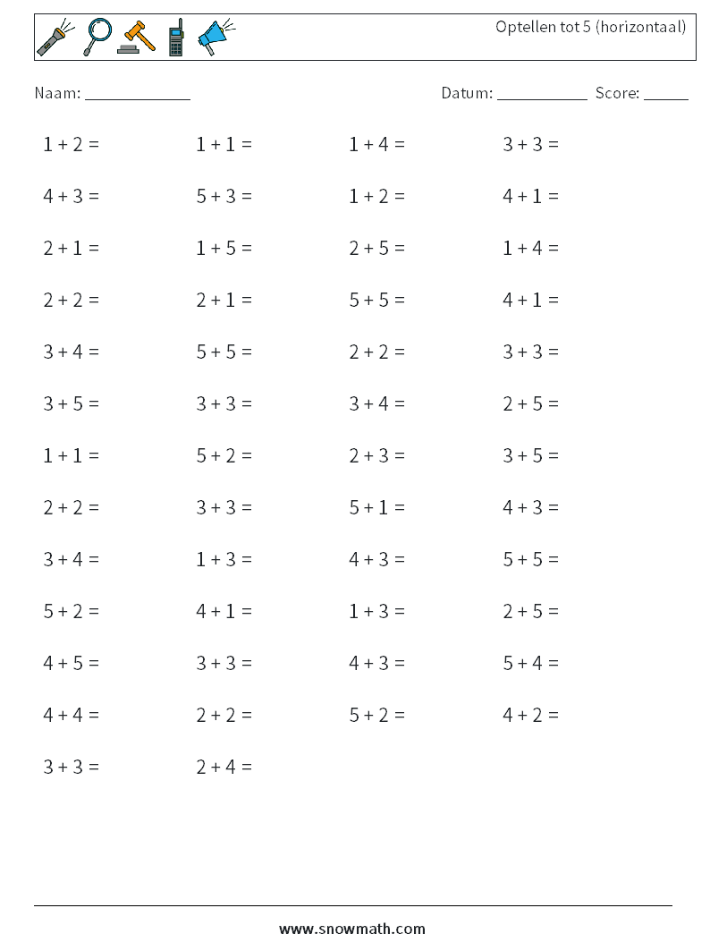 (50) Optellen tot 5 (horizontaal) Wiskundige werkbladen 3