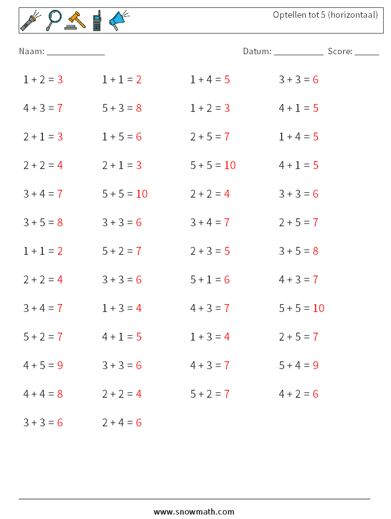 (50) Optellen tot 5 (horizontaal) Wiskundige werkbladen 3 Vraag, Antwoord