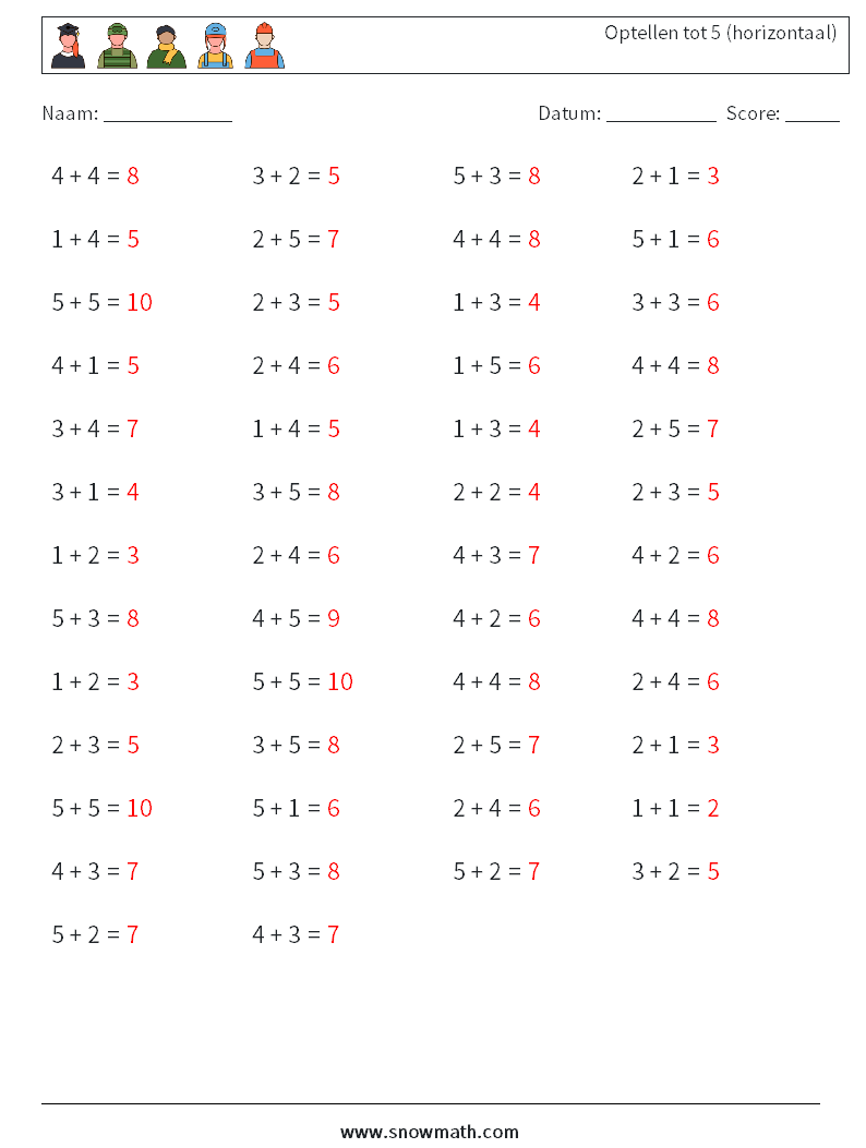 (50) Optellen tot 5 (horizontaal) Wiskundige werkbladen 4 Vraag, Antwoord