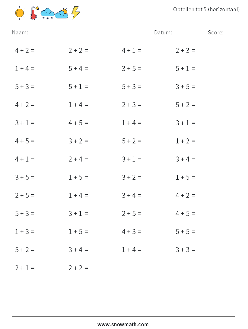 (50) Optellen tot 5 (horizontaal) Wiskundige werkbladen 6