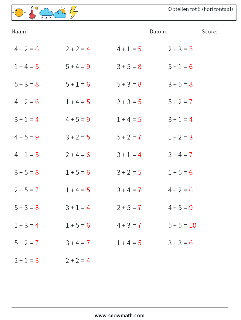 (50) Optellen tot 5 (horizontaal) Wiskundige werkbladen 6 Vraag, Antwoord