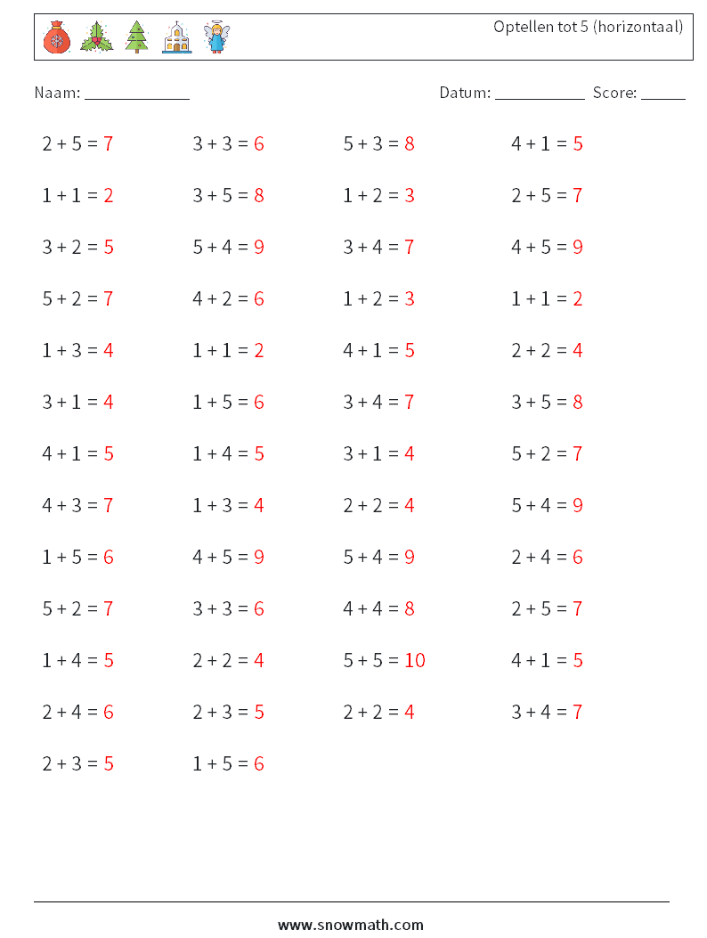 (50) Optellen tot 5 (horizontaal) Wiskundige werkbladen 7 Vraag, Antwoord