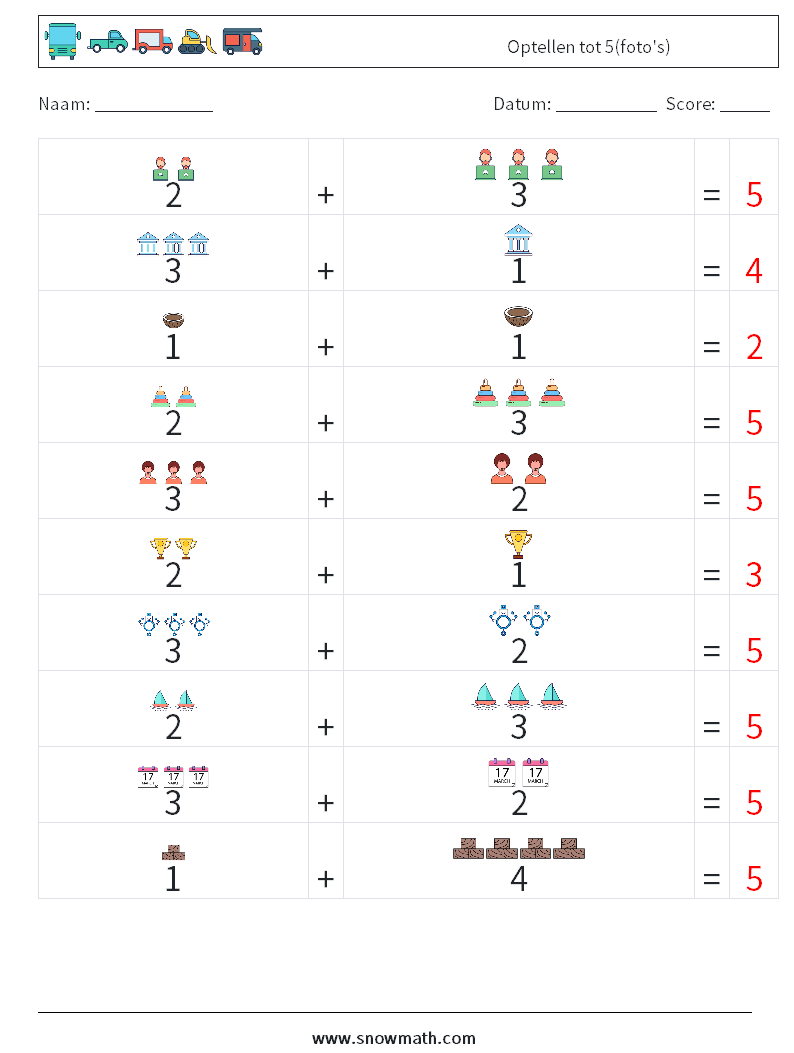 Optellen tot 5(foto's) Wiskundige werkbladen 10 Vraag, Antwoord