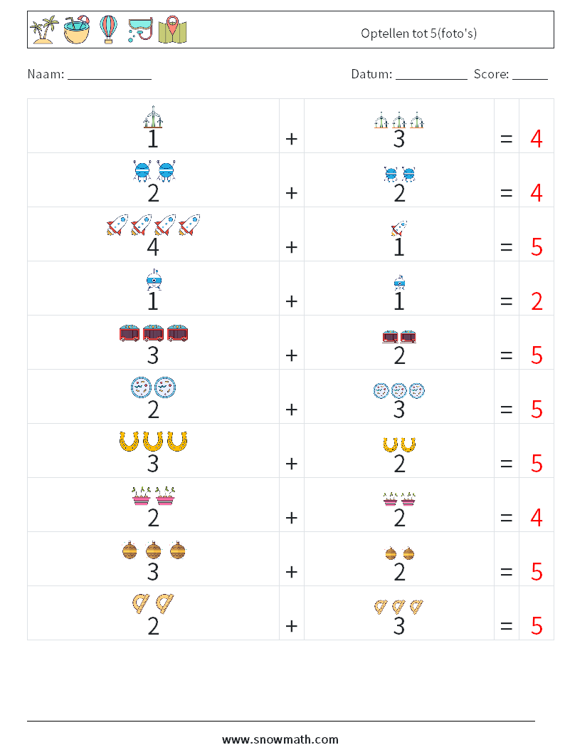 Optellen tot 5(foto's) Wiskundige werkbladen 14 Vraag, Antwoord