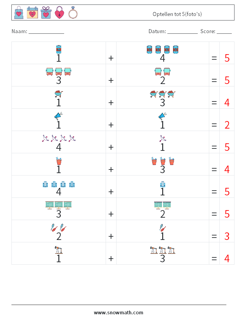Optellen tot 5(foto's) Wiskundige werkbladen 15 Vraag, Antwoord
