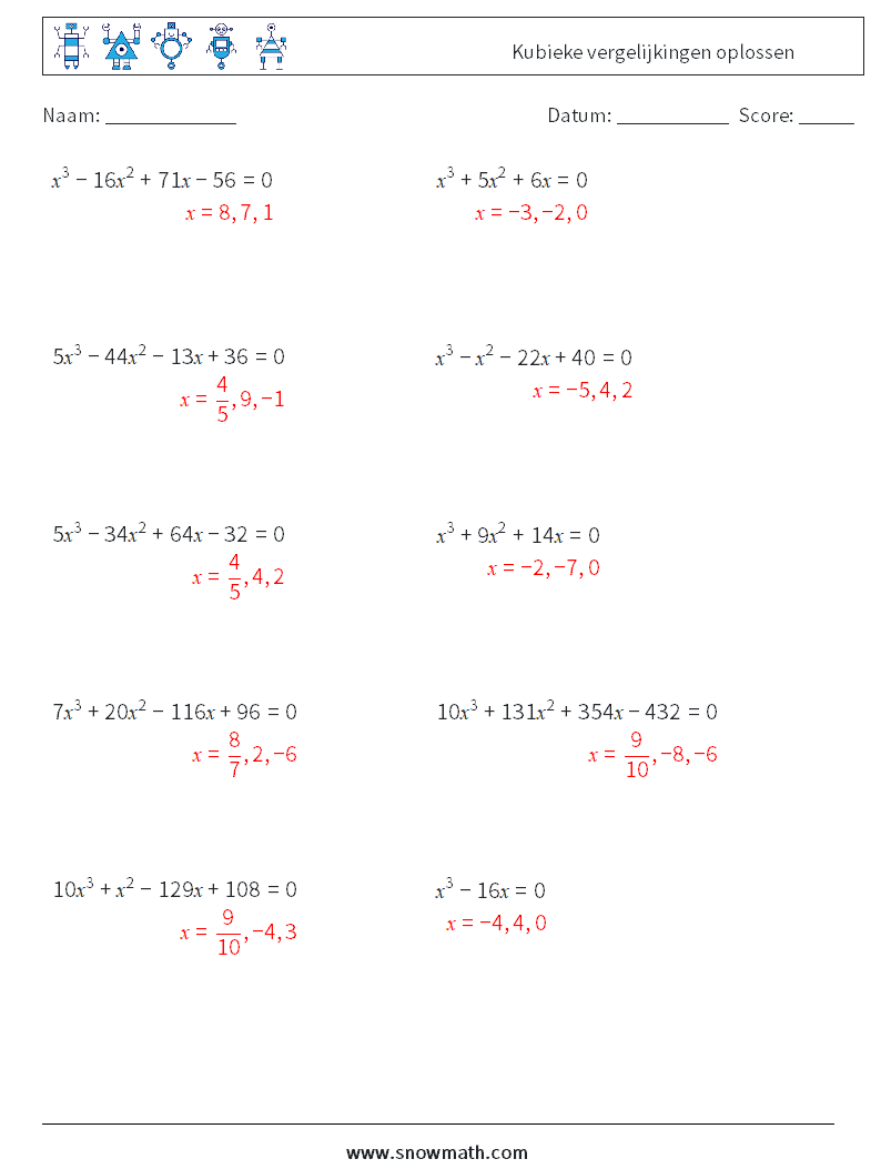 Kubieke vergelijkingen oplossen Wiskundige werkbladen 1 Vraag, Antwoord