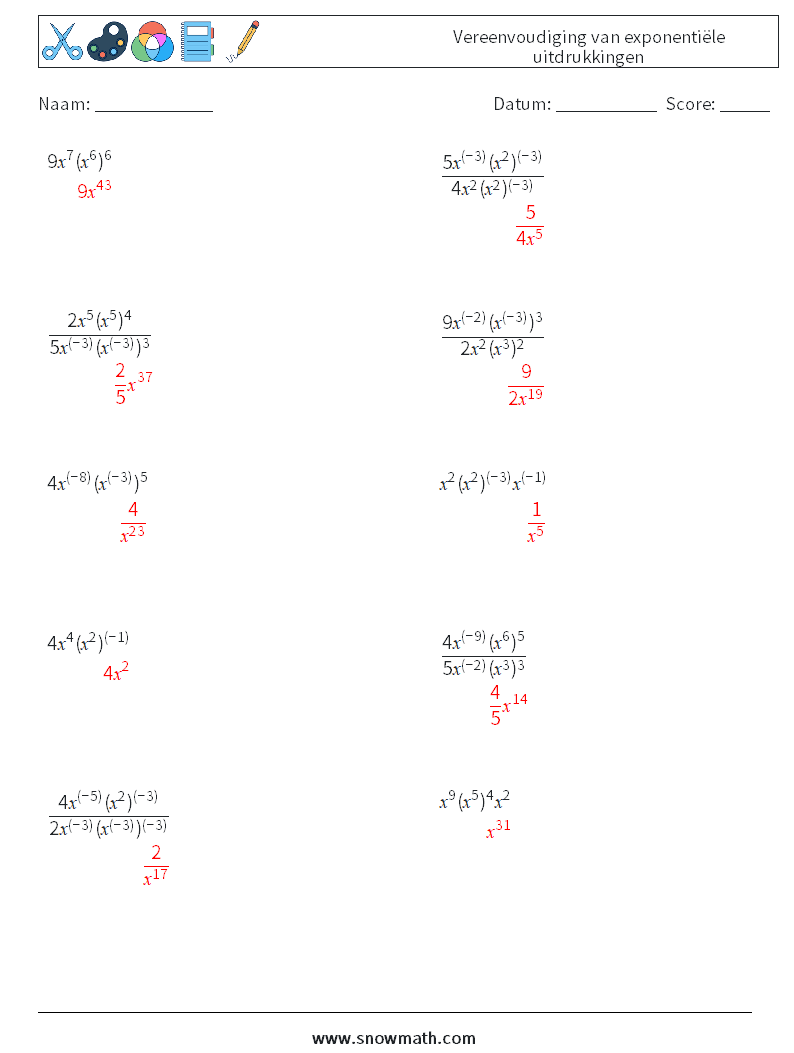  Vereenvoudiging van exponentiële uitdrukkingen Wiskundige werkbladen 1 Vraag, Antwoord
