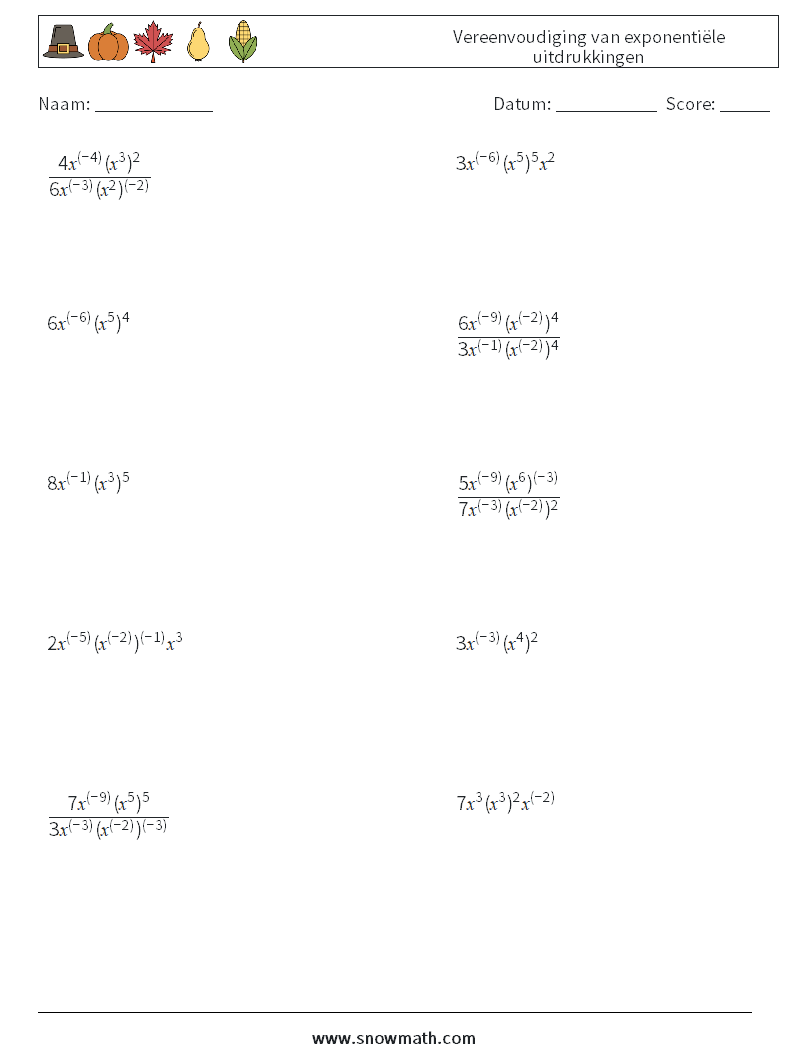  Vereenvoudiging van exponentiële uitdrukkingen Wiskundige werkbladen 3