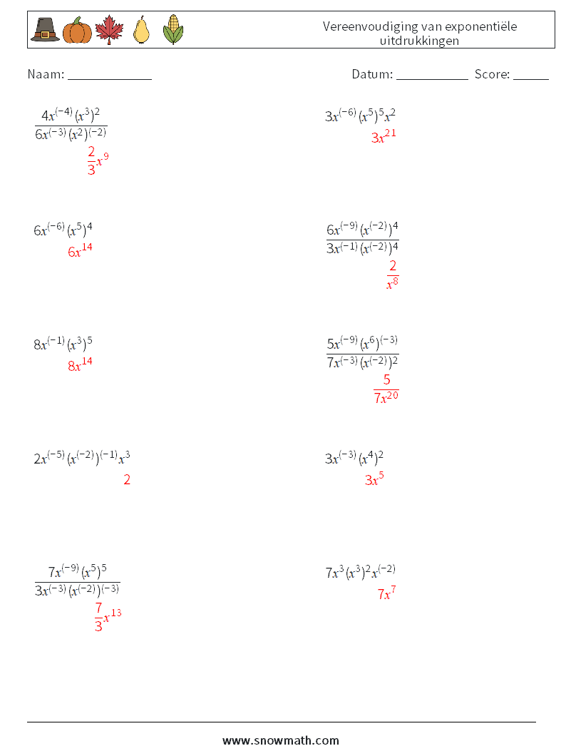  Vereenvoudiging van exponentiële uitdrukkingen Wiskundige werkbladen 3 Vraag, Antwoord