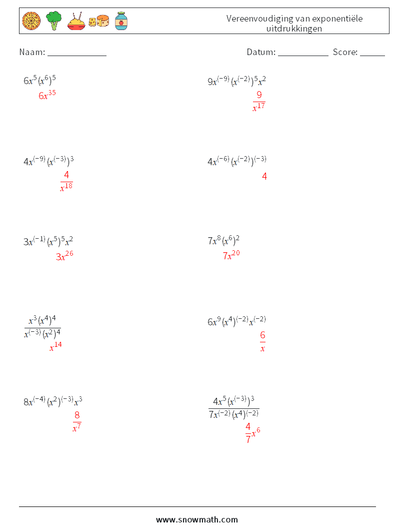  Vereenvoudiging van exponentiële uitdrukkingen Wiskundige werkbladen 4 Vraag, Antwoord