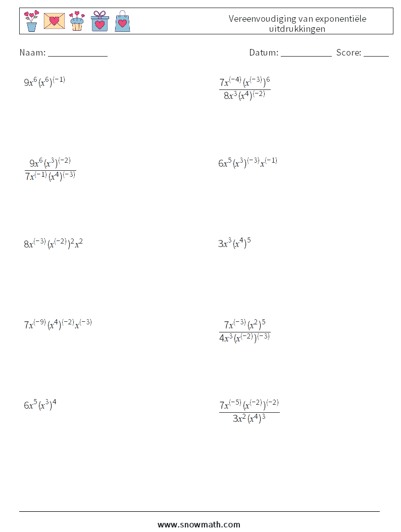  Vereenvoudiging van exponentiële uitdrukkingen Wiskundige werkbladen 5