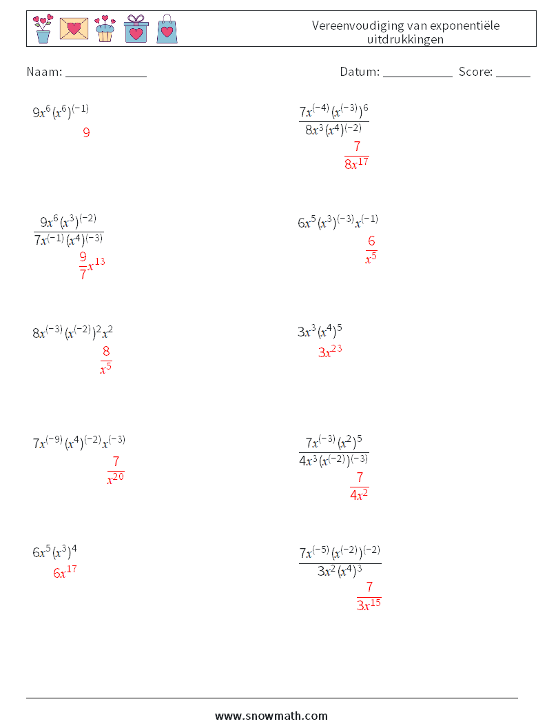  Vereenvoudiging van exponentiële uitdrukkingen Wiskundige werkbladen 5 Vraag, Antwoord