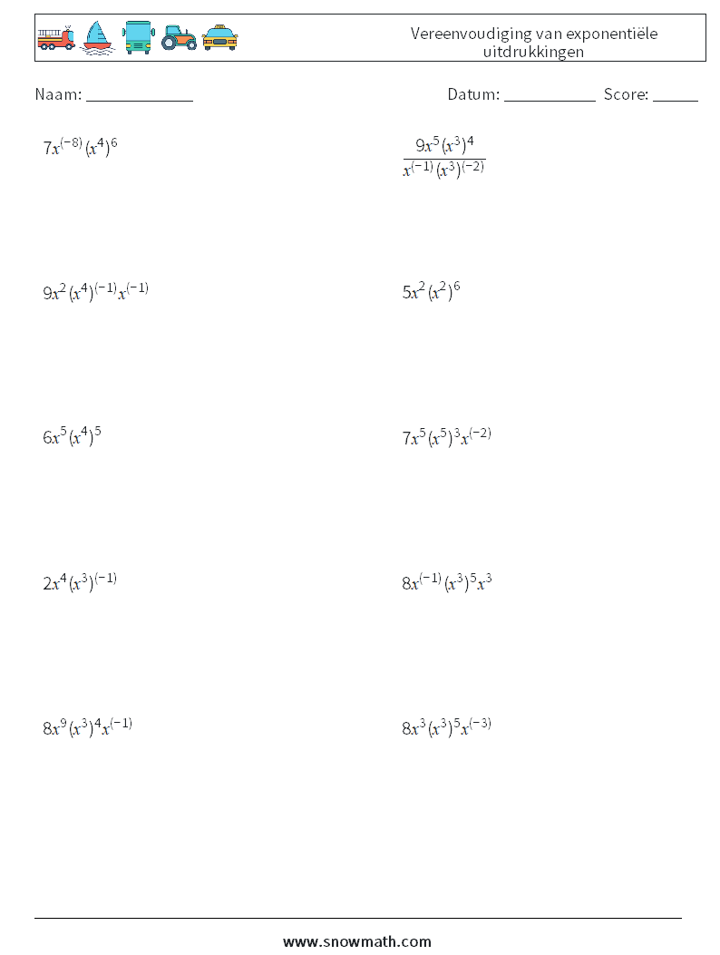  Vereenvoudiging van exponentiële uitdrukkingen Wiskundige werkbladen 6