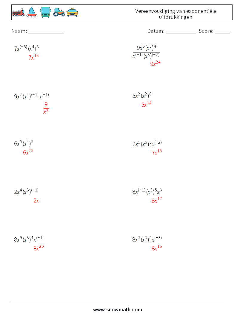 Vereenvoudiging van exponentiële uitdrukkingen Wiskundige werkbladen 6 Vraag, Antwoord