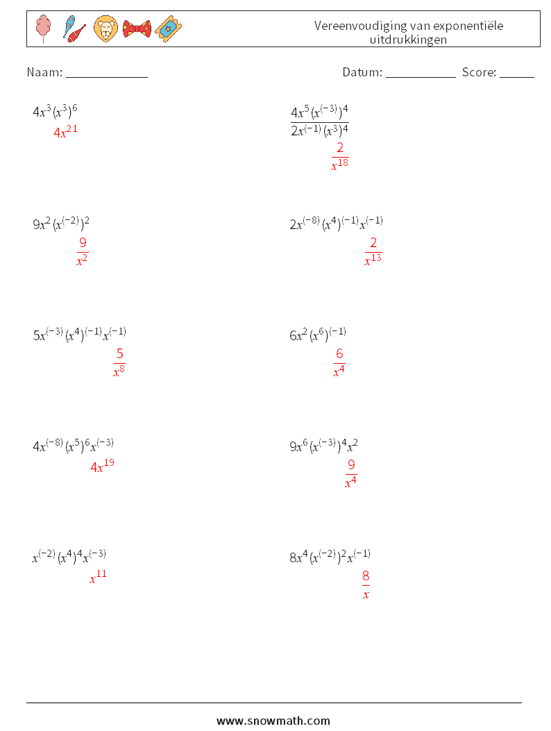  Vereenvoudiging van exponentiële uitdrukkingen Wiskundige werkbladen 7 Vraag, Antwoord