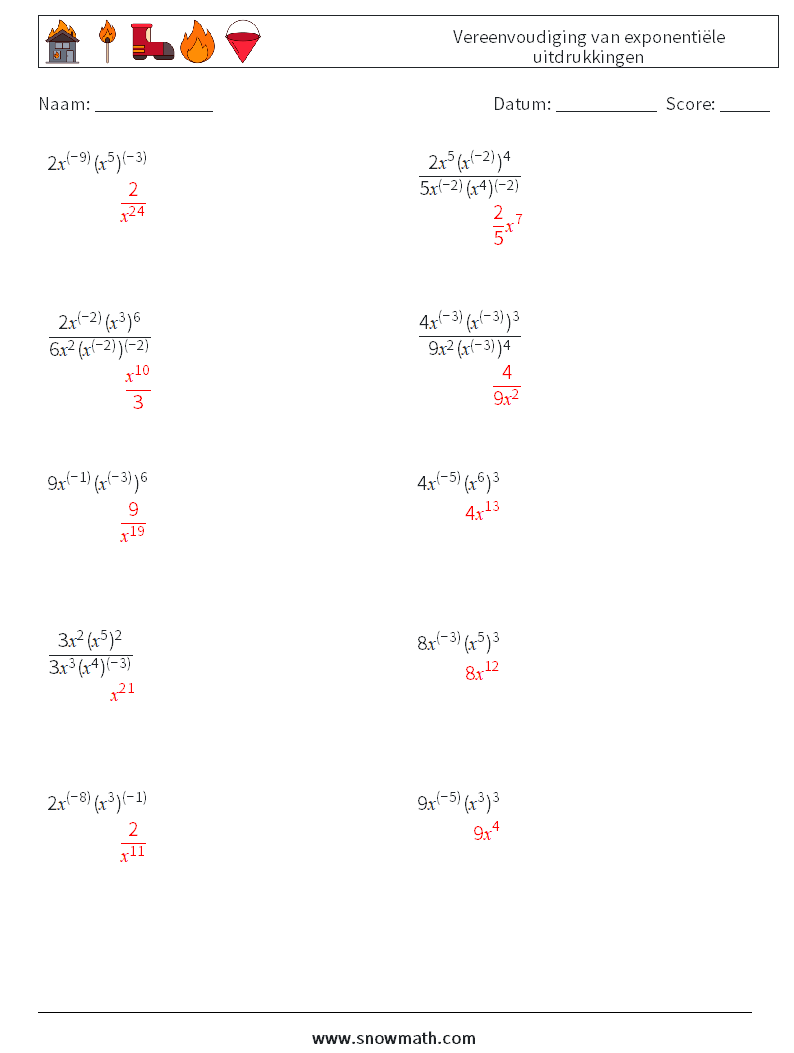  Vereenvoudiging van exponentiële uitdrukkingen Wiskundige werkbladen 9 Vraag, Antwoord
